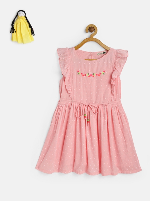

KURUMBI Girls Pink Printed Fit and Flare Sustainable Dress Comes with handmade rag doll