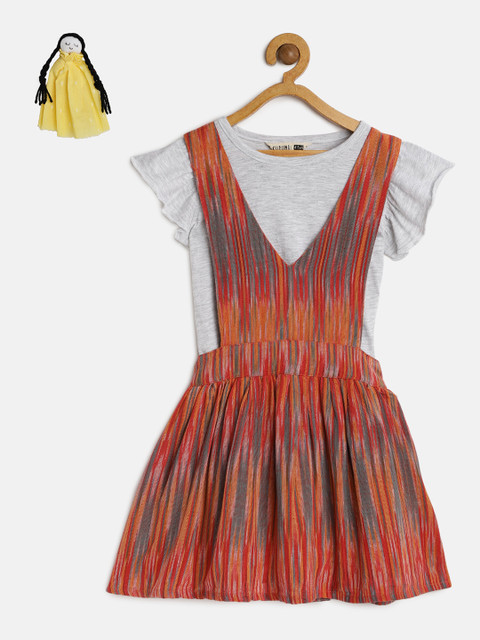 

KURUMBI Girls Red Striped Pinafore Dress