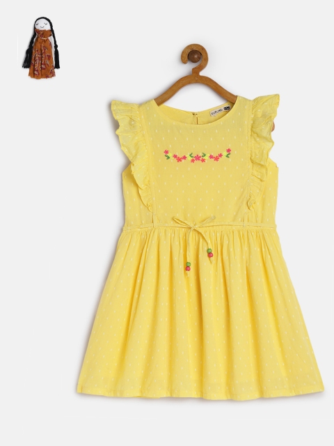 

KURUMBI Girls Yellow Printed Fit and Flare Sustainable Dress