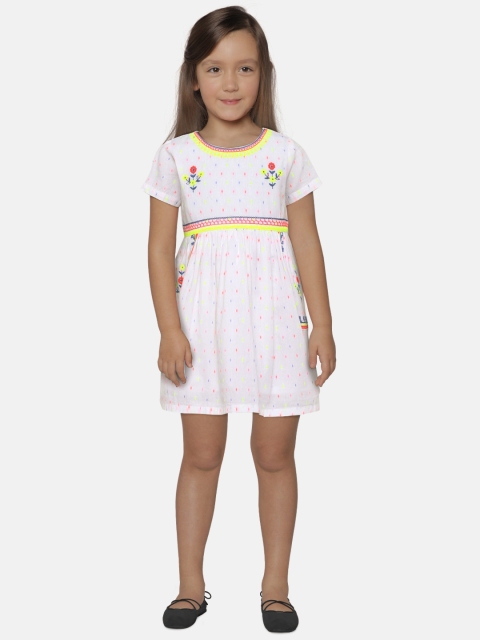 

KURUMBI Girls White Embroidered Fit and Flare Sustainable Dress With Handmade Rag Doll