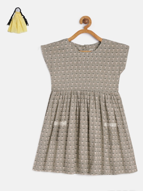 

KURUMBI Girls Grey Printed Fit and Flare Sustainable Dress