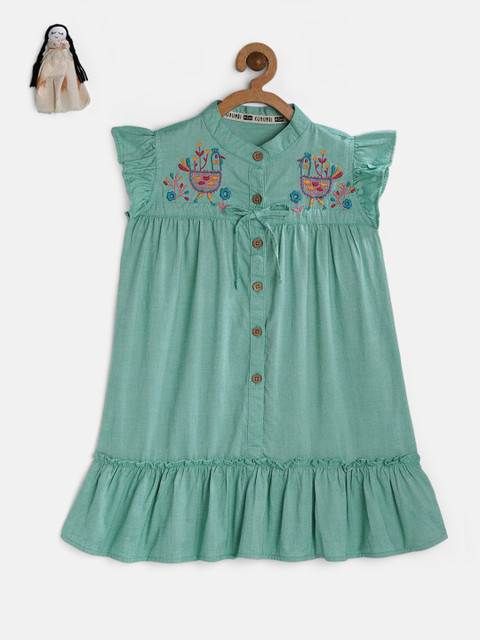 

KURUMBI Girls Green Embroidered A-Line Dress