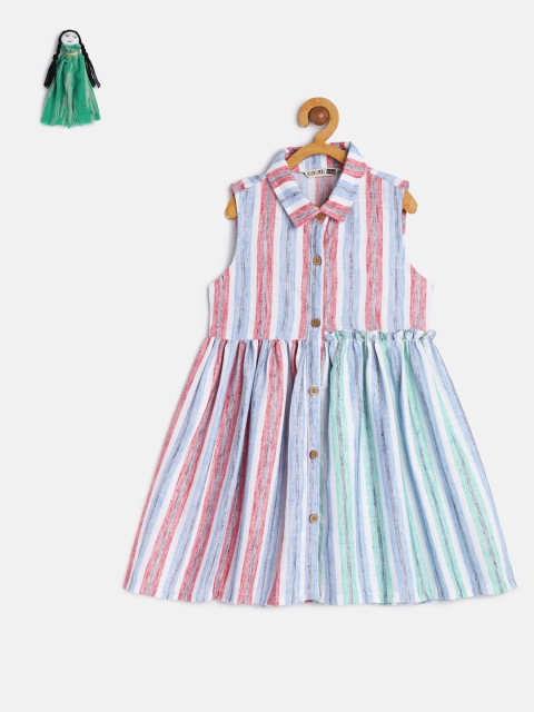 

KURUMBI Girls Red & Blue Candy Striped Fit and Flare Sustainable Dress