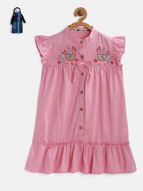 

KURUMBI Girls Pink Embroidered A-Line Sustainable Dress