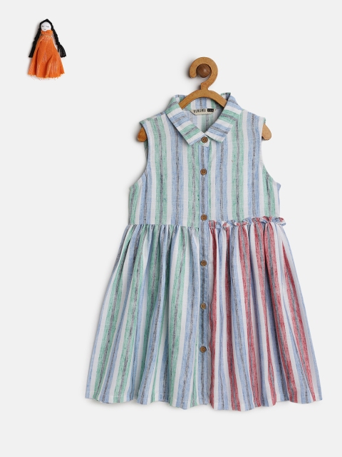 

KURUMBI Girls Multicoloured Striped Shirt Sustainable Dress With Handmade Rag Doll, Multi