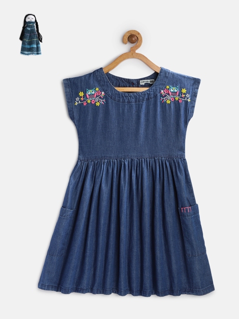 

KURUMBI Girls Blue Embroidered Denim Fit and Flare Sustainable Dress