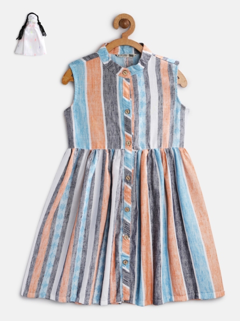 

KURUMBI Girls Multicoloured Striped Shirt Sustainable Dress, Multi