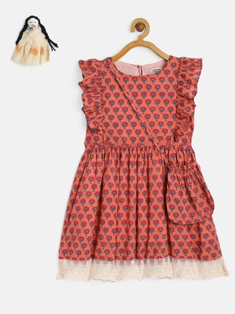 

KURUMBI Girls Peach-Coloured Floral Printed Fit and Flare Sustainable Dress
