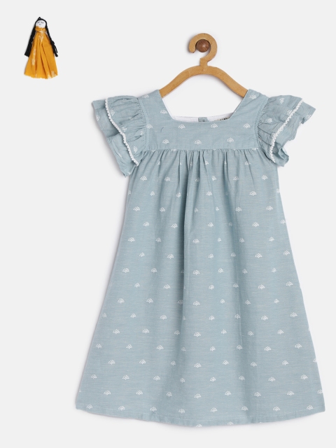 

KURUMBI Girls Teal Blue Printed A-Line Sustainable Dress
