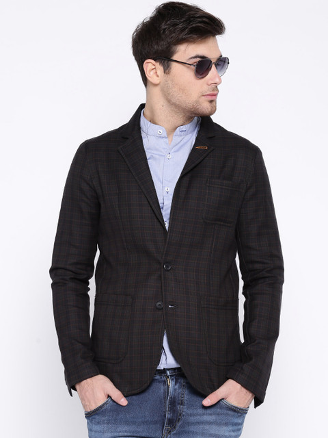 

The Indian Garage Co Olive Green & Black Checked Single-Breasted Slim Blazer