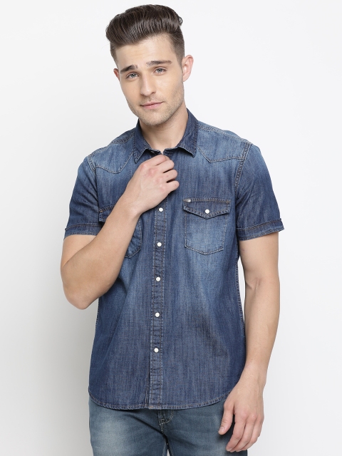 

Pepe Jeans Men Navy Blue Regular Fit Solid Faded Denim Casual Shirt