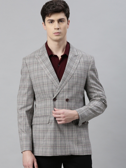 

Peter England Men Grey & Black Checked Neo Slim Fit Double-Breasted Formal Blazer