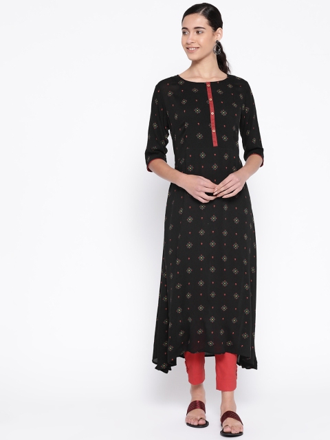 

SILVER STOCK Women Black & Red Printed Asymmetric A-Line Kurta