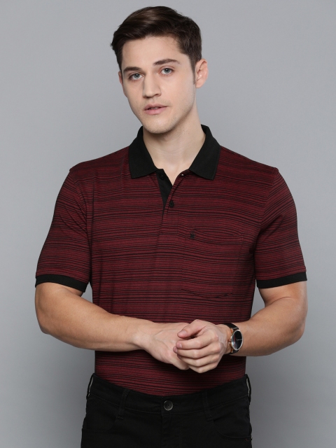 

Louis Philippe Men Maroon & Black Self Striped Polo Collar T-shirt
