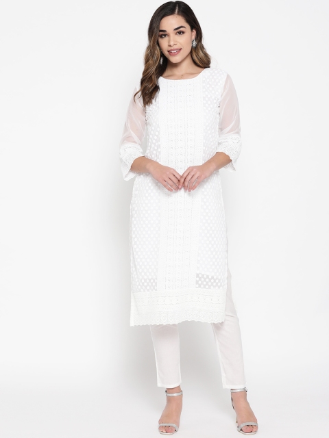 

BUYCLARA Women White Chikankari Embroidered Kurta with Trousers