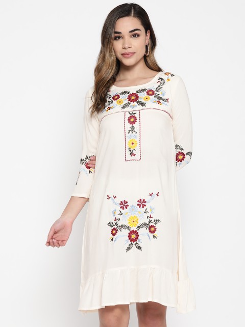 

BUYCLARA Women Off-White & Burgundy Embroidered A-Line Dress
