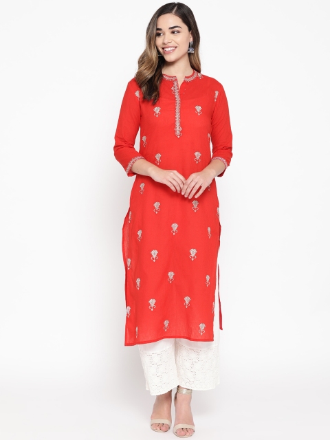 

BUYCLARA Women Red & Silver Embroidered Straight Kurta