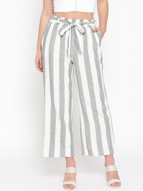 

BUYCLARA Women Off-White & Grey Striped Straight Palazzos