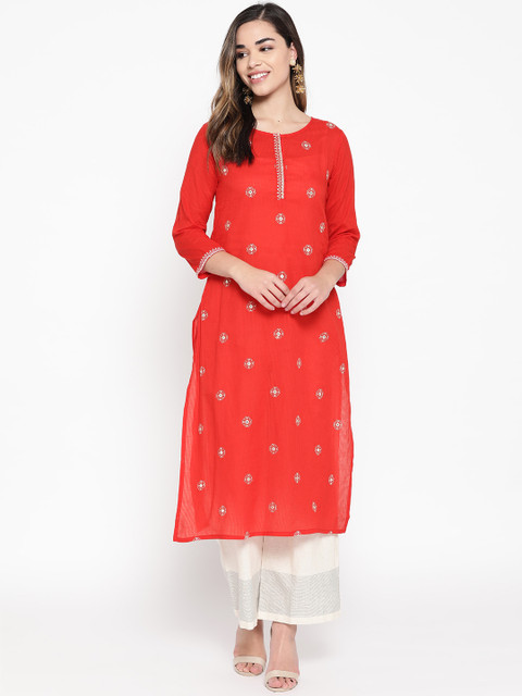 

BUYCLARA Women Red & Beige Embroidered Straight Kurta