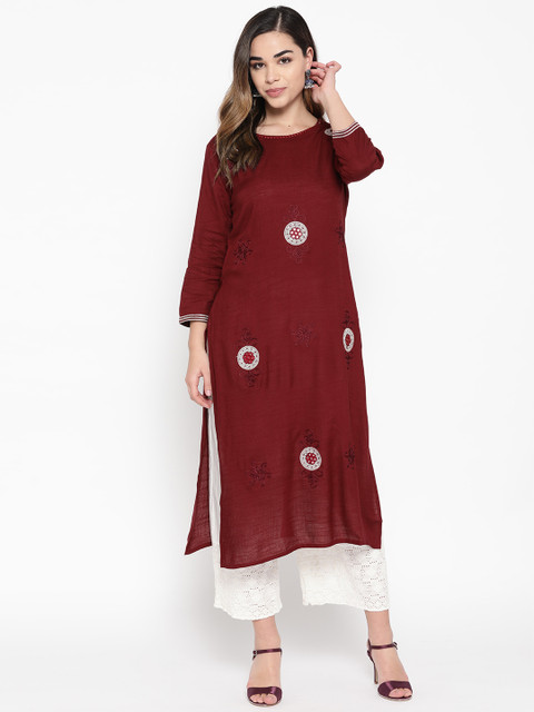 

BUYCLARA Women Maroon Embroidered Straight Kurta