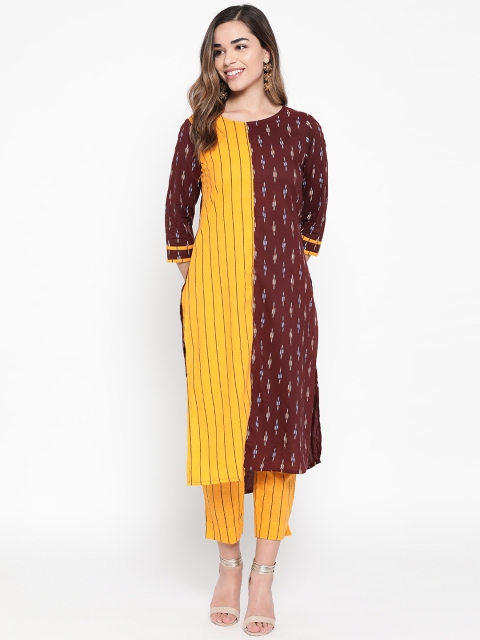 

BUYCLARA Women Mustard Yellow & Burgundy Printed Kurta with Trousers