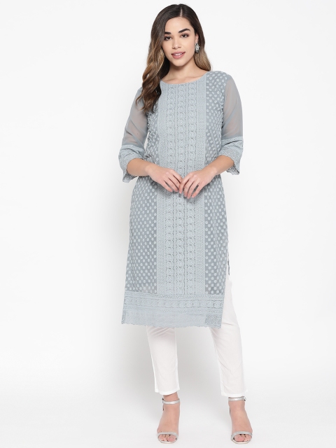 

BUYCLARA Women Grey & White Chikankari Embroidered Kurta with Trousers