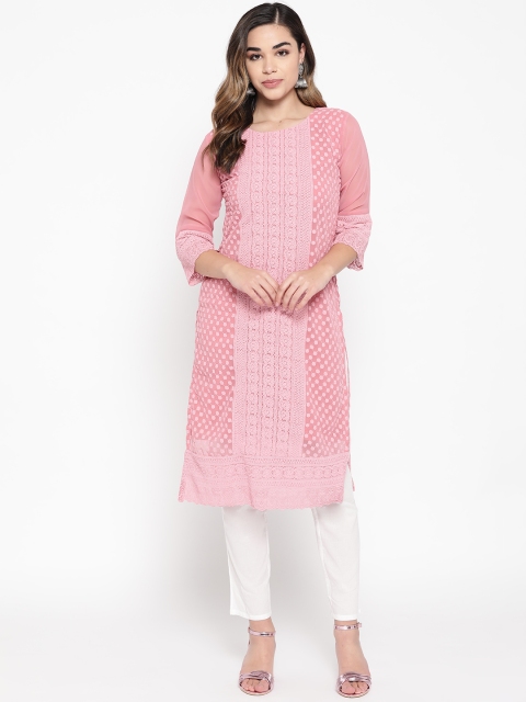 

BUYCLARA Women Pink & White Chikankari Embroidered Kurta with Trousers