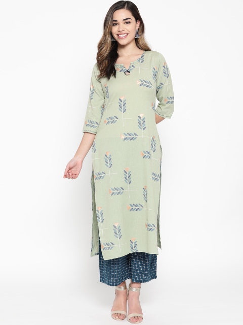 

BUYCLARA Women Green & Navy Blue Printed Kurta with Palazzos