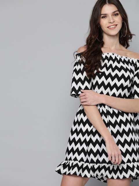 

Mast & Harbour Women White & Black Printed A-Line Sustainable Dress