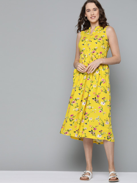 

Mast & Harbour Women Yellow & Green Floral Printed A-Line Sustainable ECOVERO Dress