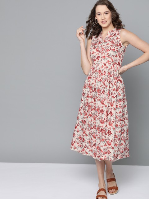 

Mast & Harbour Women Off-White & Rust Red Floral Printed A-Line Sustainable ECOVERO Dress