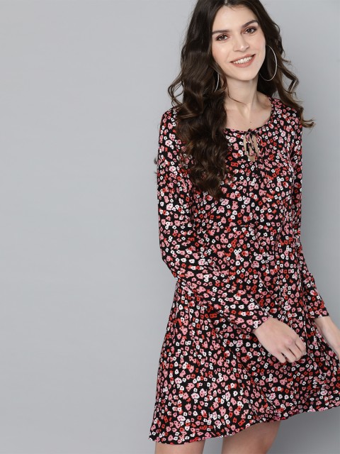 

Mast & Harbour Women Black & Pink Floral Print A-Line Sustainable ECOVERO Dress