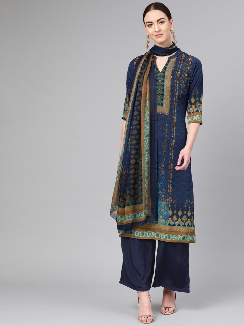 

Shree Women Navy Blue & Mustard Yellow Printed Kurta with Palazzos & Dupatta