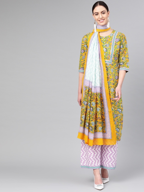 

Shree Women Yellow & White Printed Kurta with Palazzos & Dupatta