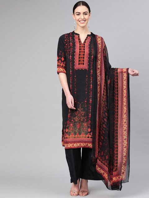 

Shree Women Black & Red Printed Kurta with Palazzos & Dupatta