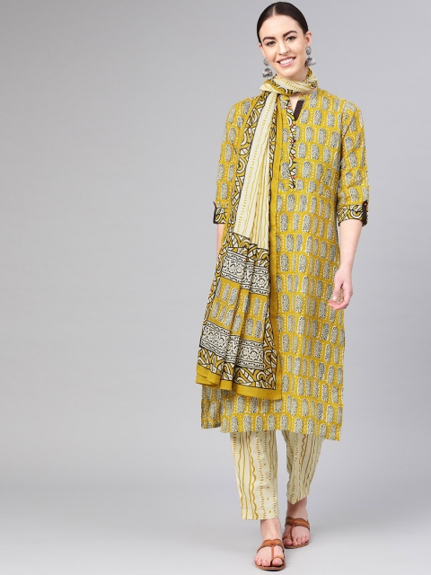 

Shree Women Mustard Yellow & Cream-Coloured Printed Kurta with Trousers & Dupatta