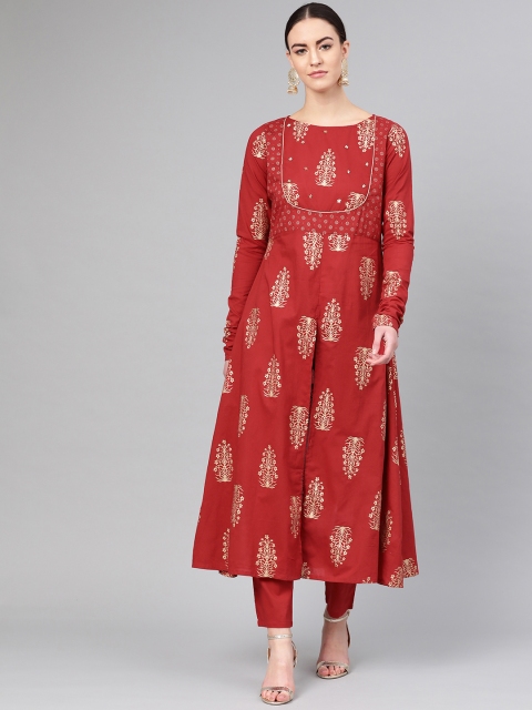 

Shree Women Red & Golden Printed Kurta with Trousers