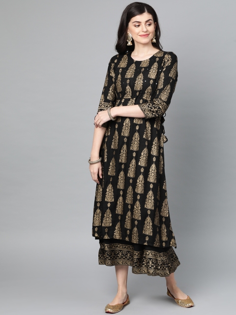 

Ishin Women Black & Golden Printed Layered Maxi Dress