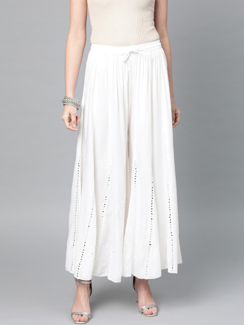 

Ishin Women White Mirror-Work Flared Palazzos