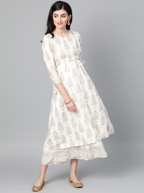 

Ishin Women White & Golden Printed Layered Maxi Dress