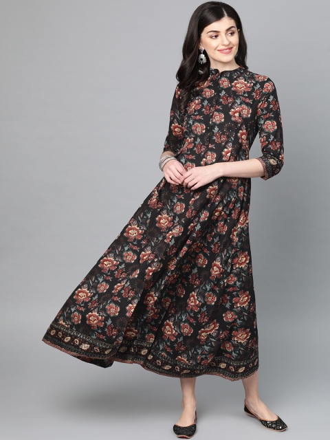 

Ishin Women Black & Red Floral Print Maxi Dress