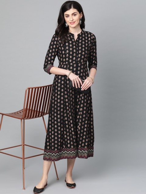 

Ishin Women Black & Pink Foil Print Maxi Dress