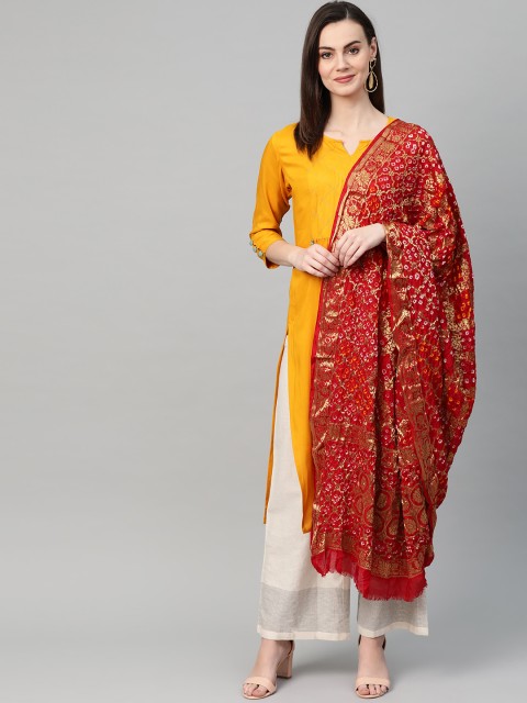 

Ishin Red & Golden Zari Woven Design Bandhani Dupatta