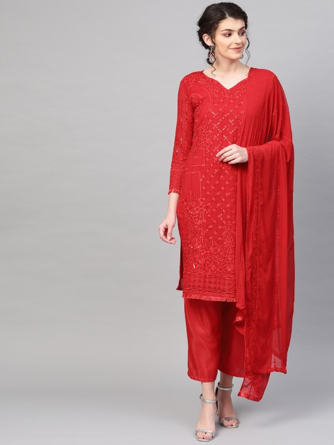 

Ishin Women Red Embroidered Kurta with Palazzos & Dupatta