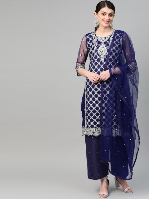 

Ishin Women Navy Blue & Silver Embroidered Kurta with Palazzos & Dupatta