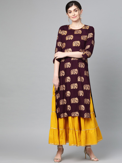 

Ishin Women Burgundy & Mustard Yellow Foil Print Kurta with Skirt