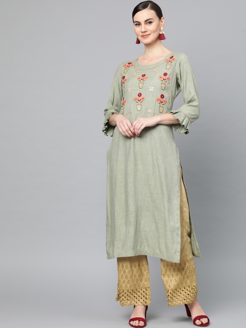 

Ishin Women Green & Beige Yoke Design Kurta with Palazzos
