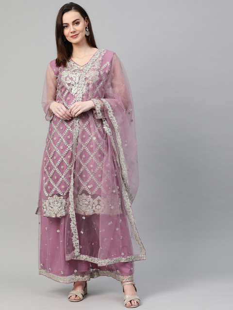 

Ishin Women Purple & Silver Net Embroidered Kurta with Palazzos & Dupatta