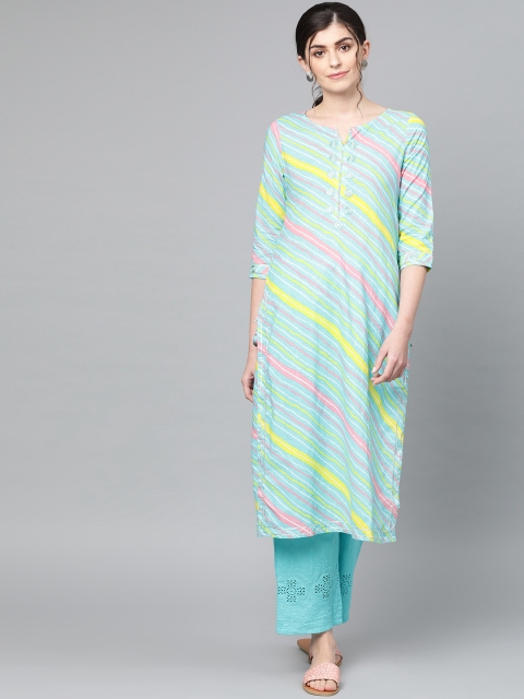 

Ishin Women Blue & Yellow Leheriya Print Kurta with Palazzos