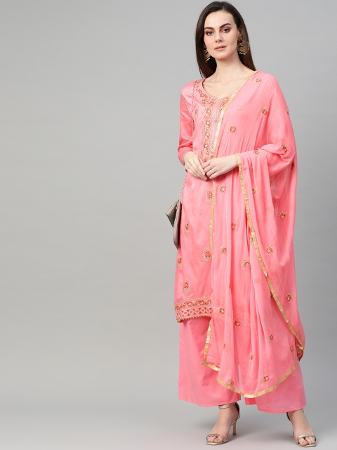 

Ishin Women Pink & Golden Embroidered Kurta with Palazzos & Dupatta